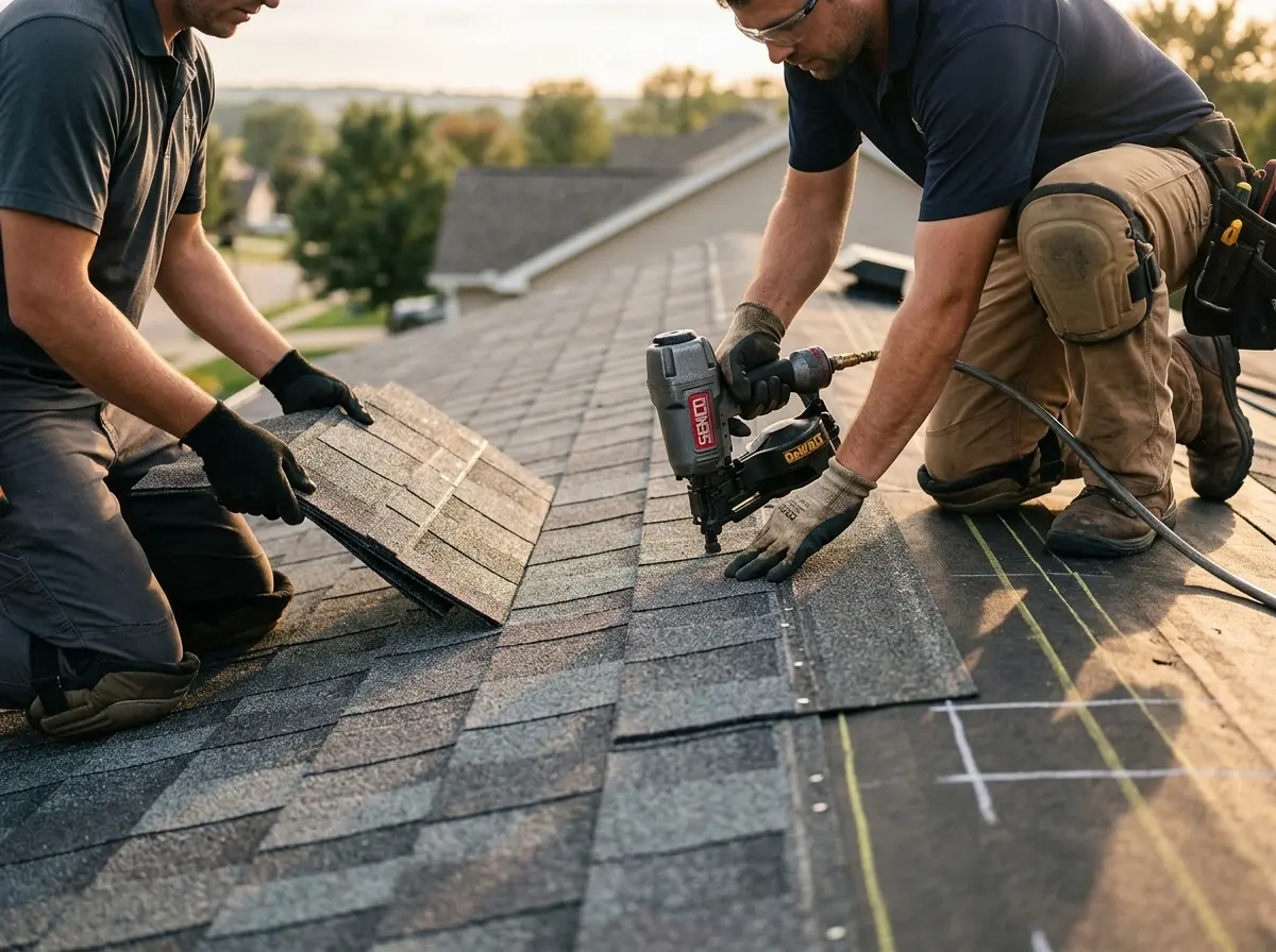 Professional roofer working on a residential roof in Adrian